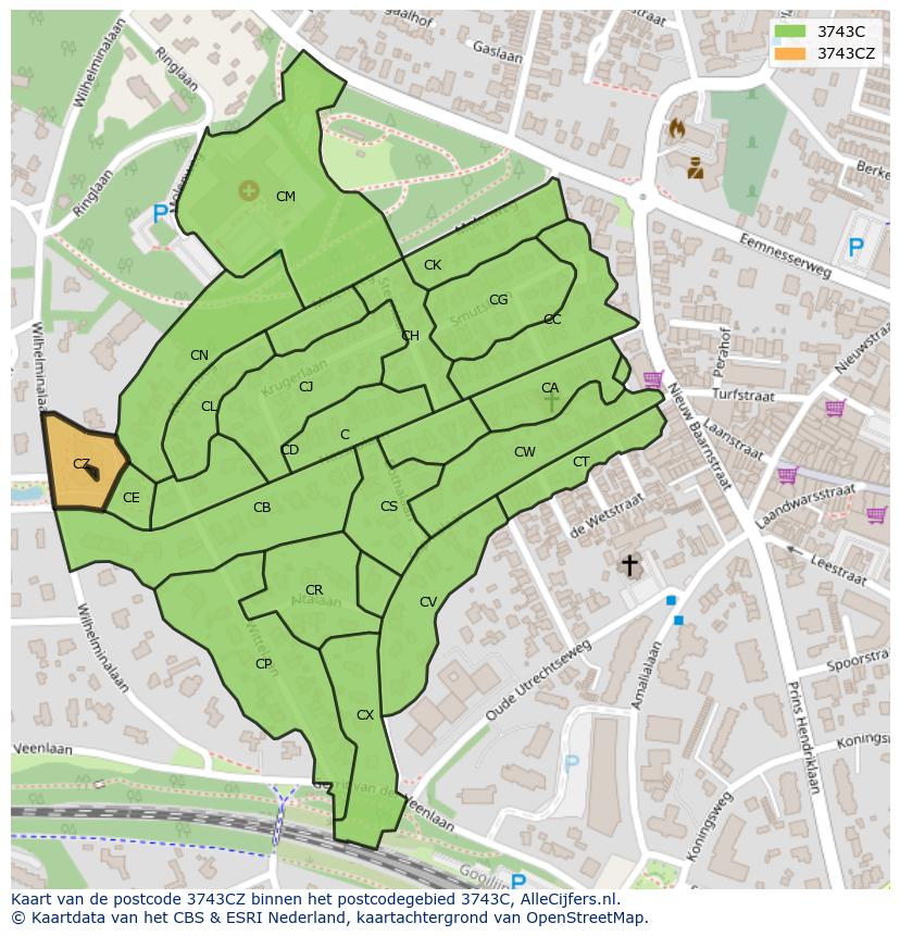 Afbeelding van het postcodegebied 3743 CZ op de kaart.