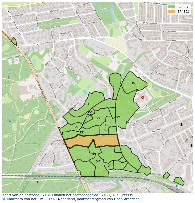 Afbeelding van het postcodegebied 3743 DJ op de kaart.