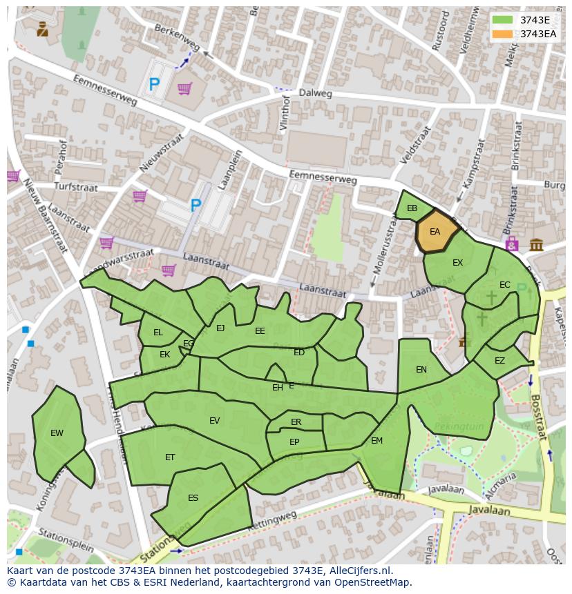 Afbeelding van het postcodegebied 3743 EA op de kaart.