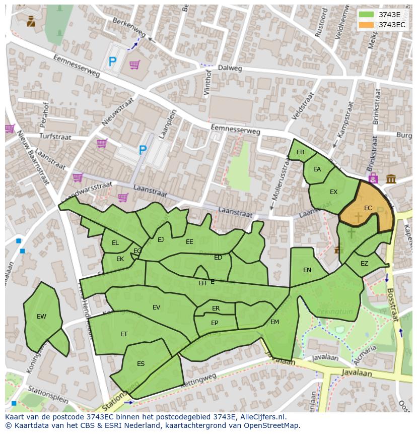 Afbeelding van het postcodegebied 3743 EC op de kaart.