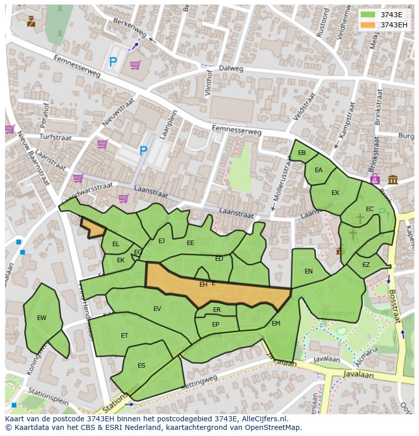 Afbeelding van het postcodegebied 3743 EH op de kaart.