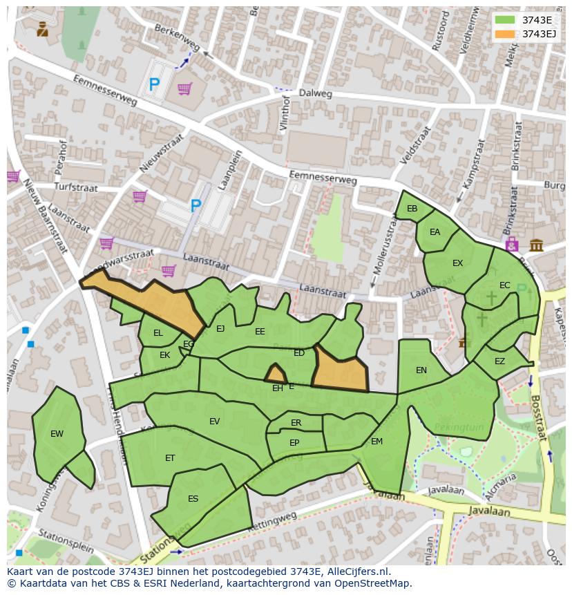 Afbeelding van het postcodegebied 3743 EJ op de kaart.