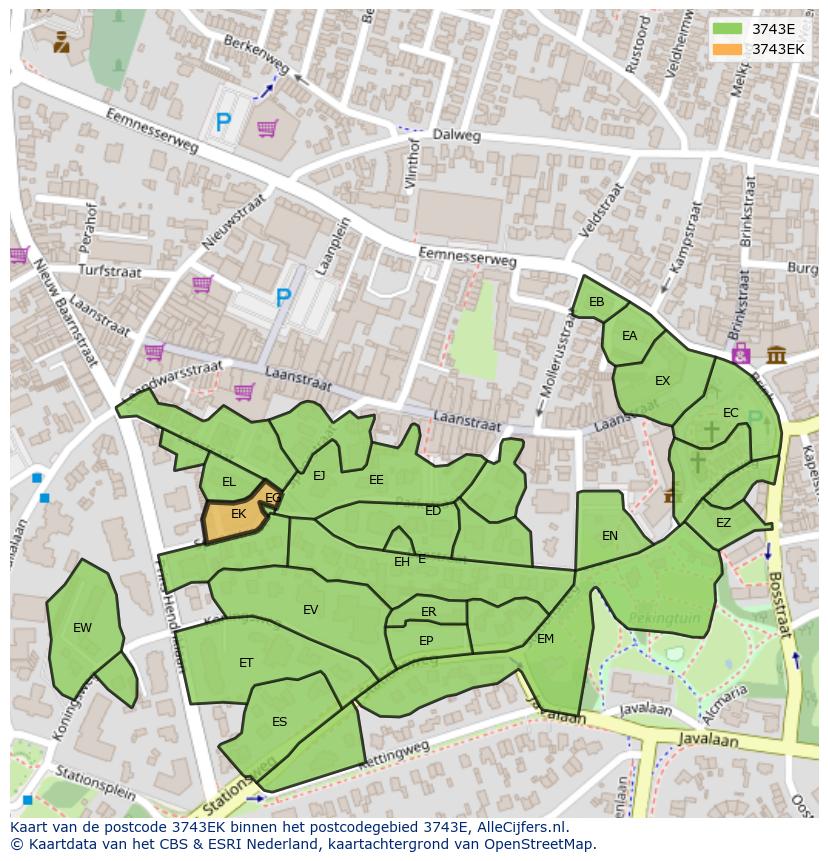 Afbeelding van het postcodegebied 3743 EK op de kaart.