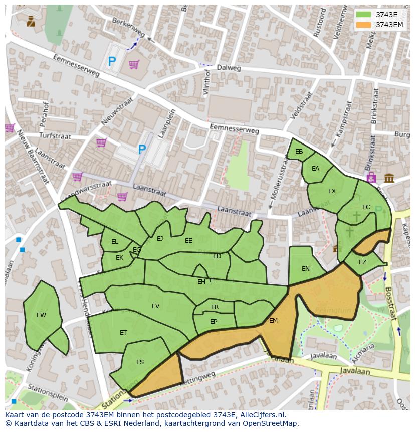Afbeelding van het postcodegebied 3743 EM op de kaart.