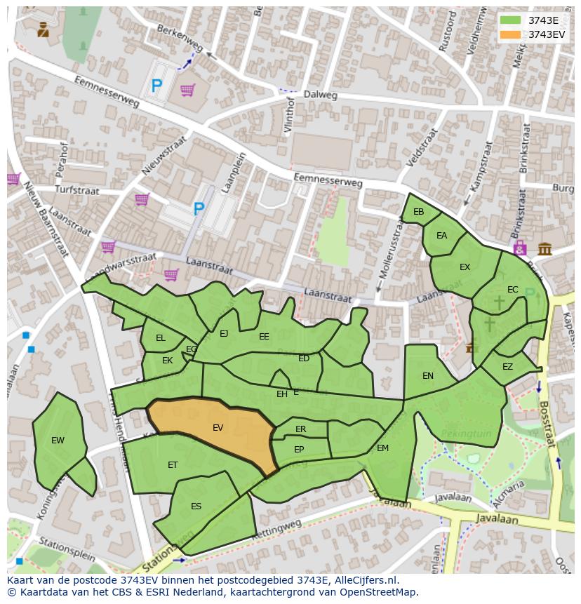 Afbeelding van het postcodegebied 3743 EV op de kaart.