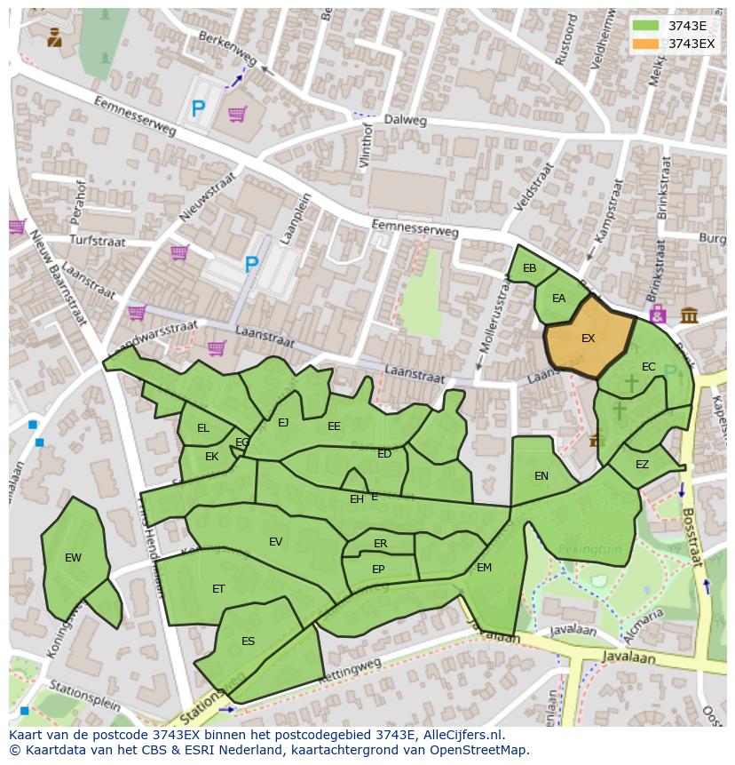 Afbeelding van het postcodegebied 3743 EX op de kaart.