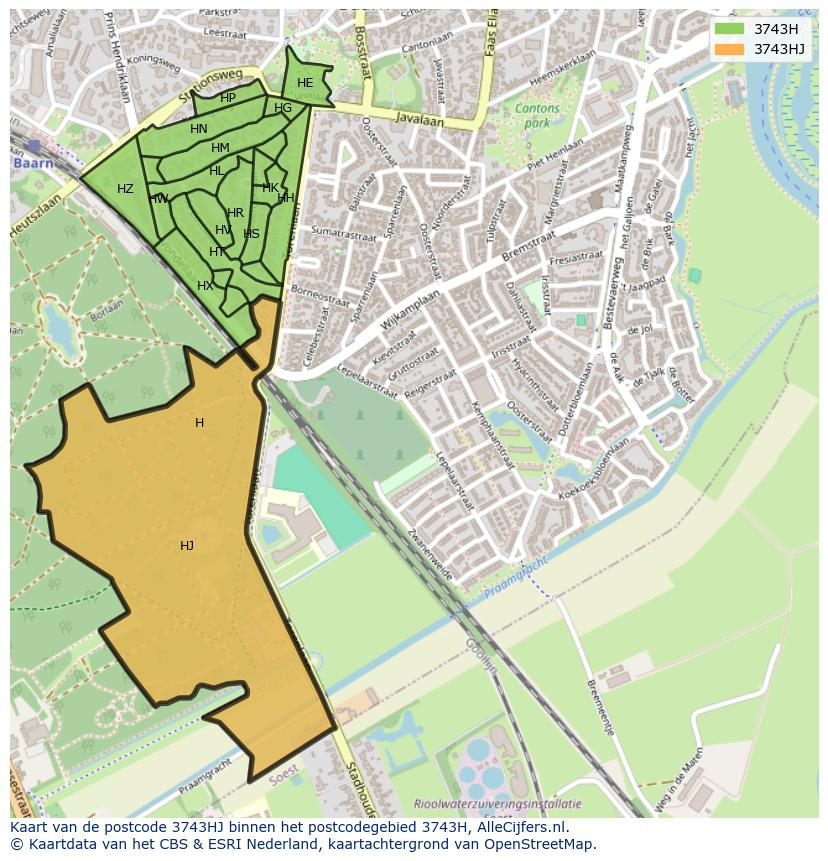 Afbeelding van het postcodegebied 3743 HJ op de kaart.