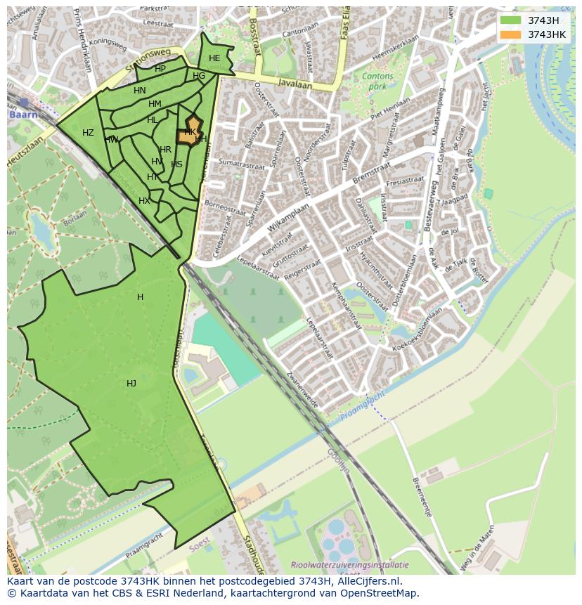 Afbeelding van het postcodegebied 3743 HK op de kaart.