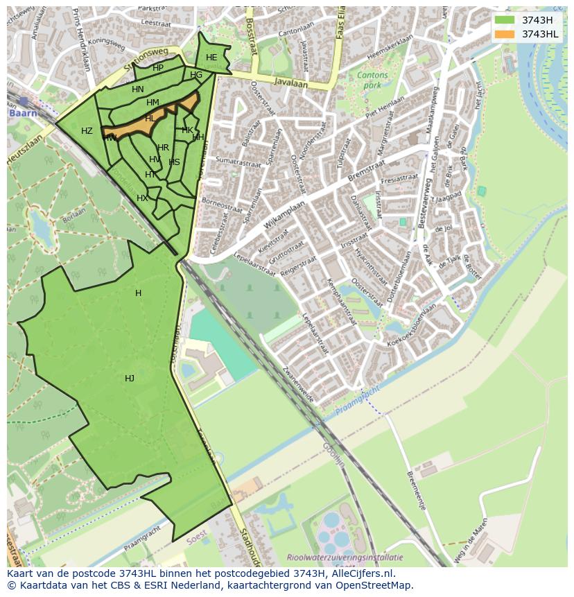 Afbeelding van het postcodegebied 3743 HL op de kaart.