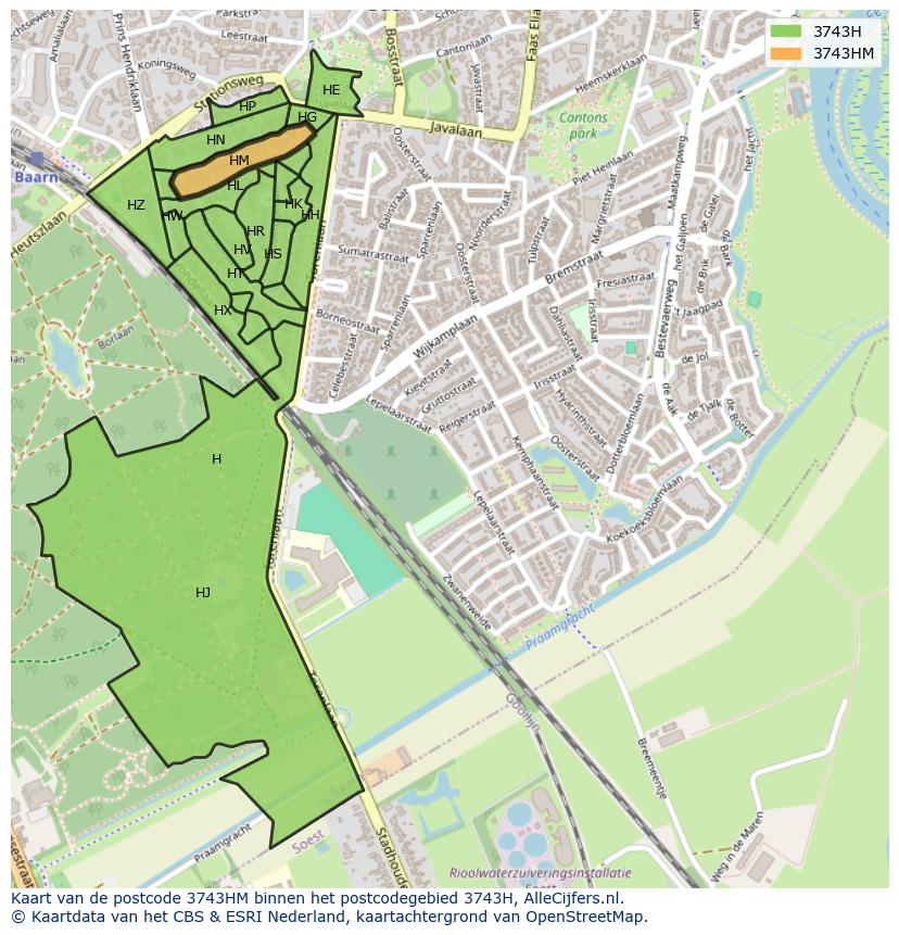 Afbeelding van het postcodegebied 3743 HM op de kaart.