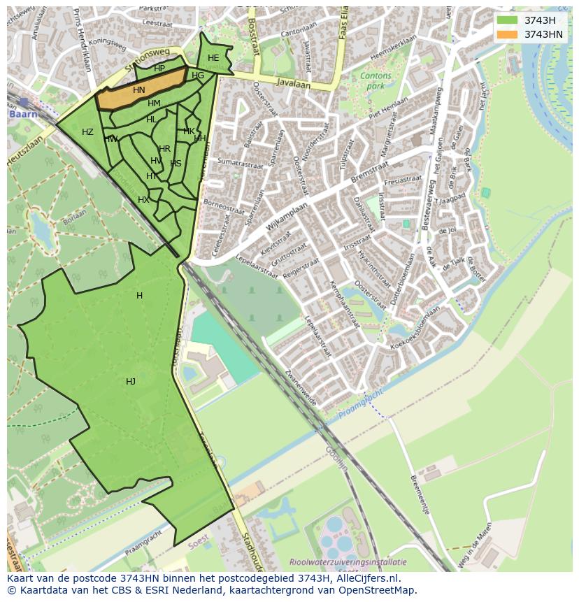 Afbeelding van het postcodegebied 3743 HN op de kaart.