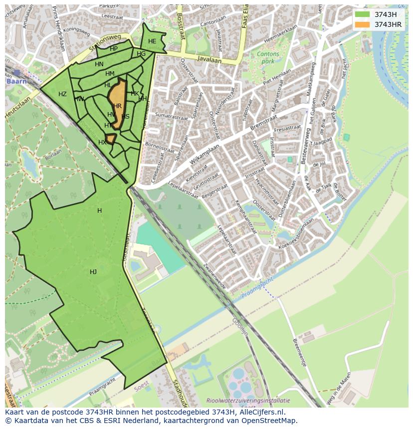 Afbeelding van het postcodegebied 3743 HR op de kaart.