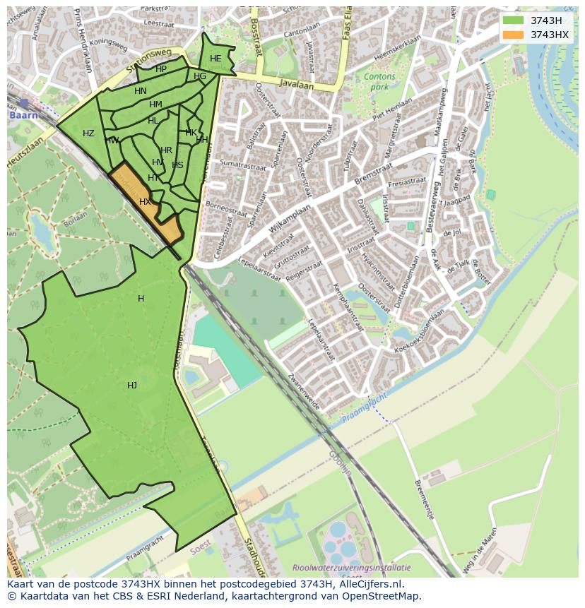 Afbeelding van het postcodegebied 3743 HX op de kaart.