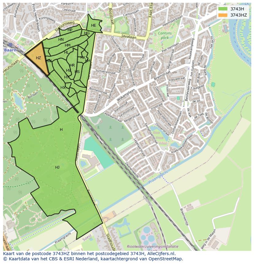 Afbeelding van het postcodegebied 3743 HZ op de kaart.