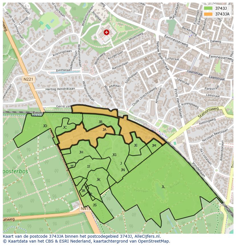 Afbeelding van het postcodegebied 3743 JA op de kaart.