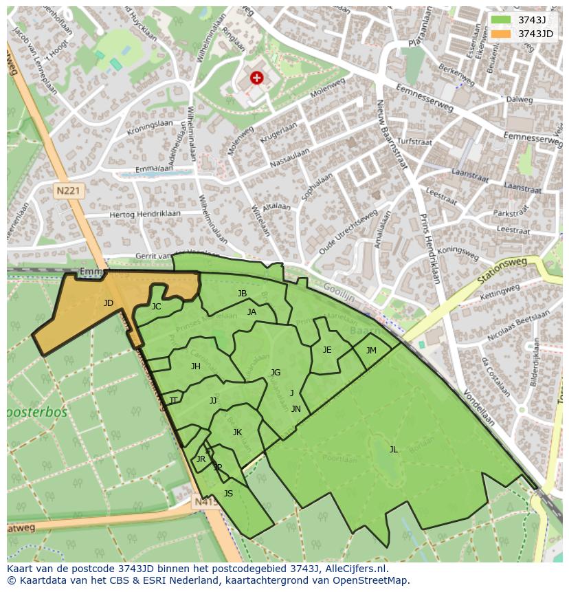 Afbeelding van het postcodegebied 3743 JD op de kaart.