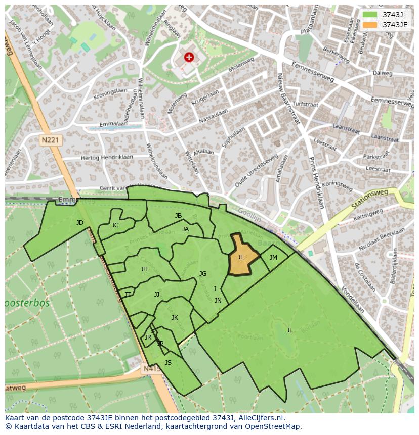 Afbeelding van het postcodegebied 3743 JE op de kaart.