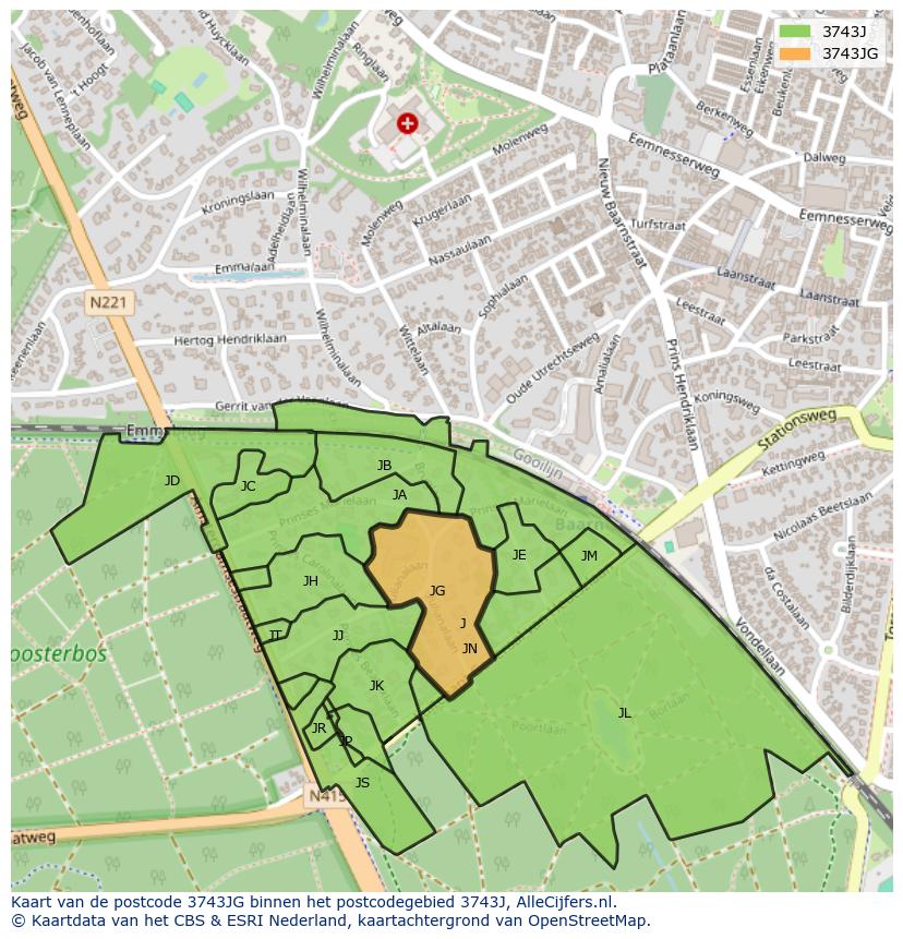 Afbeelding van het postcodegebied 3743 JG op de kaart.
