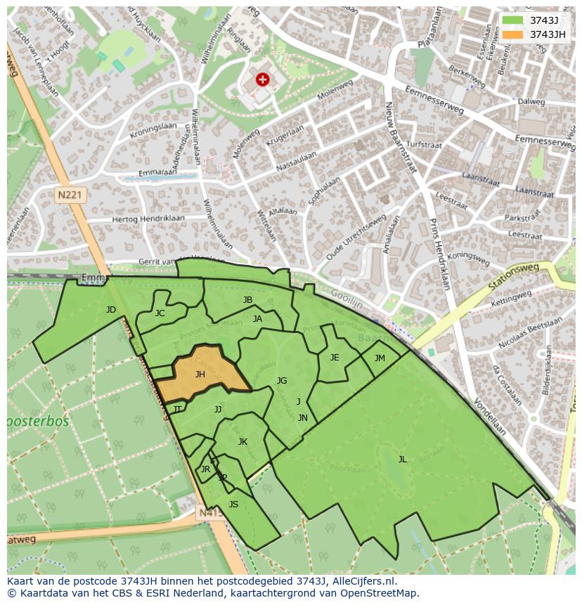 Afbeelding van het postcodegebied 3743 JH op de kaart.