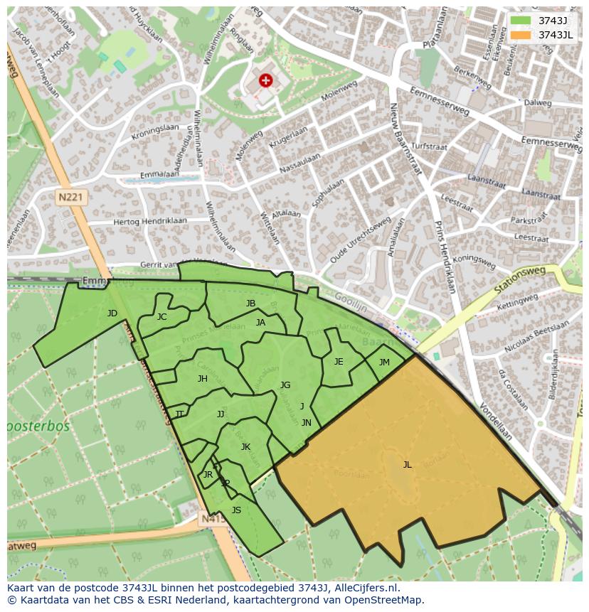 Afbeelding van het postcodegebied 3743 JL op de kaart.