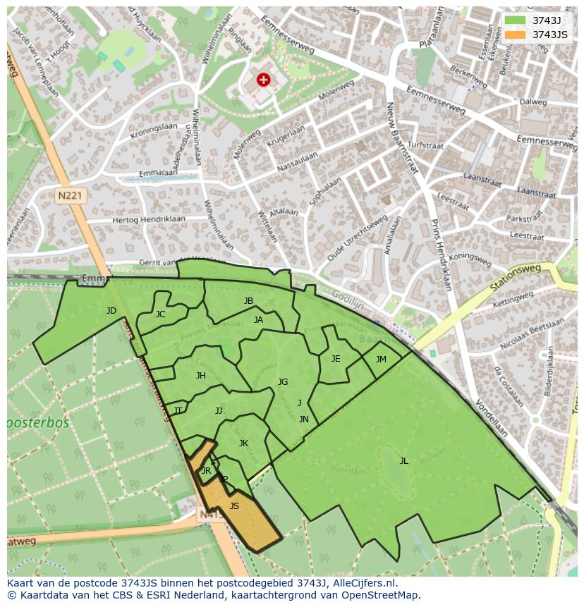 Afbeelding van het postcodegebied 3743 JS op de kaart.
