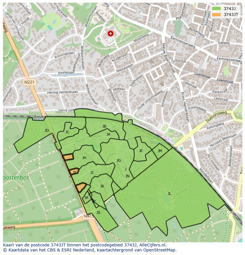 Afbeelding van het postcodegebied 3743 JT op de kaart.