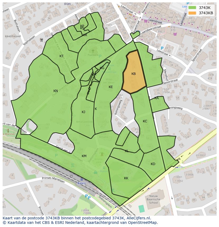 Afbeelding van het postcodegebied 3743 KB op de kaart.