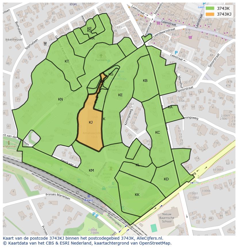 Afbeelding van het postcodegebied 3743 KJ op de kaart.