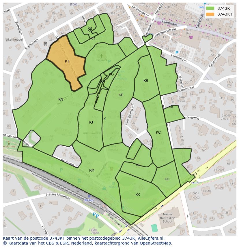 Afbeelding van het postcodegebied 3743 KT op de kaart.