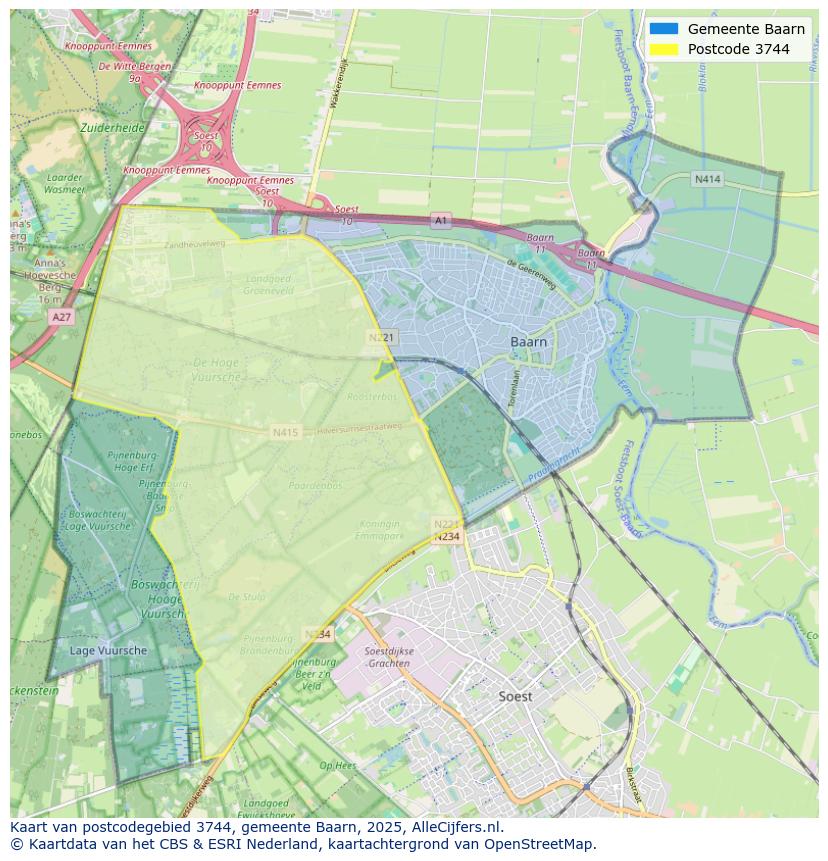 Afbeelding van het postcodegebied 3744 op de kaart.