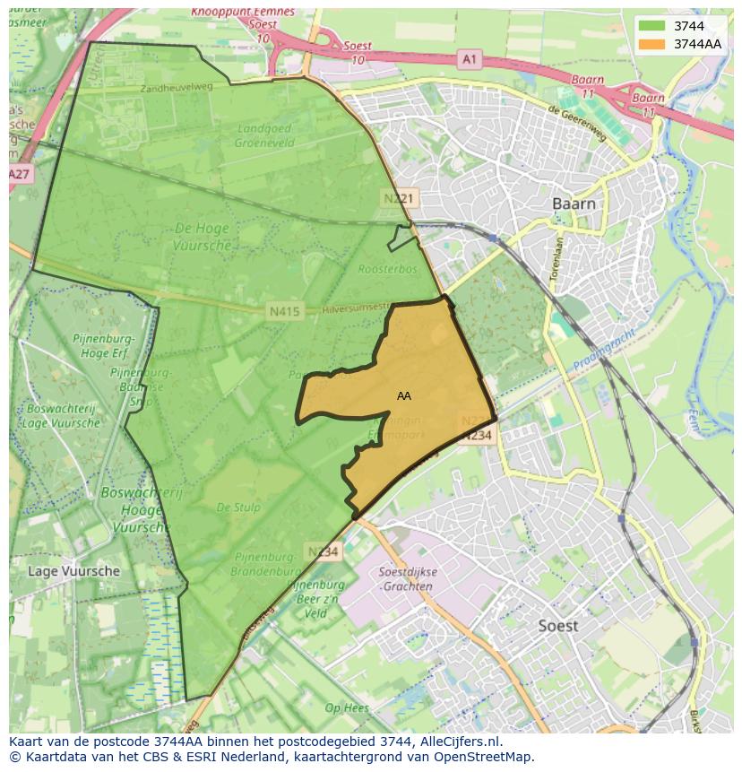 Afbeelding van het postcodegebied 3744 AA op de kaart.