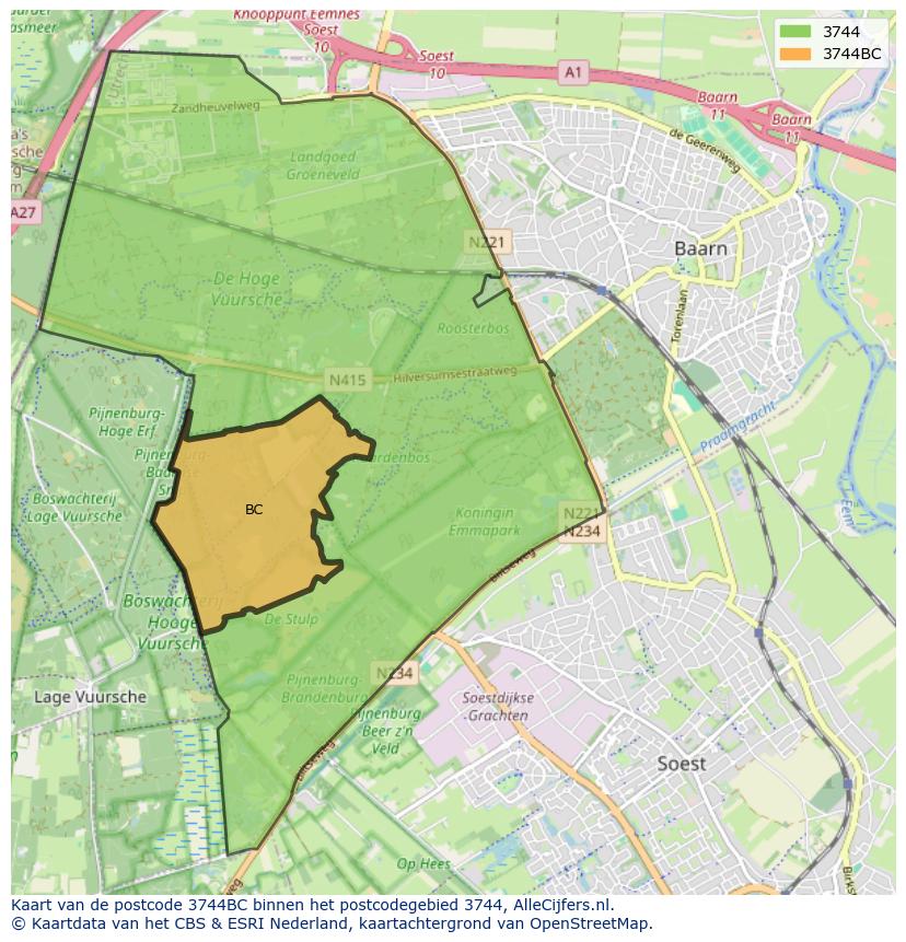 Afbeelding van het postcodegebied 3744 BC op de kaart.