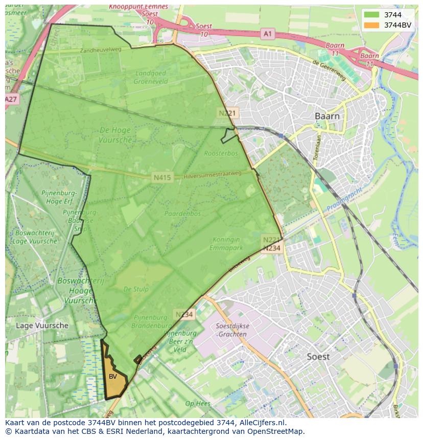 Afbeelding van het postcodegebied 3744 BV op de kaart.