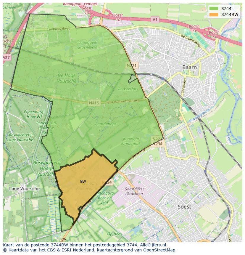 Afbeelding van het postcodegebied 3744 BW op de kaart.