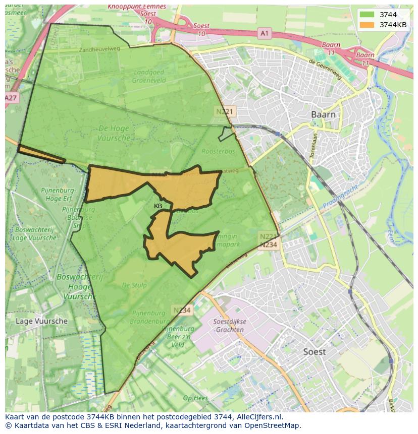 Afbeelding van het postcodegebied 3744 KB op de kaart.