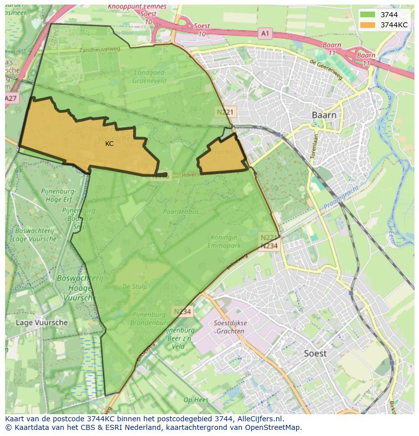 Afbeelding van het postcodegebied 3744 KC op de kaart.