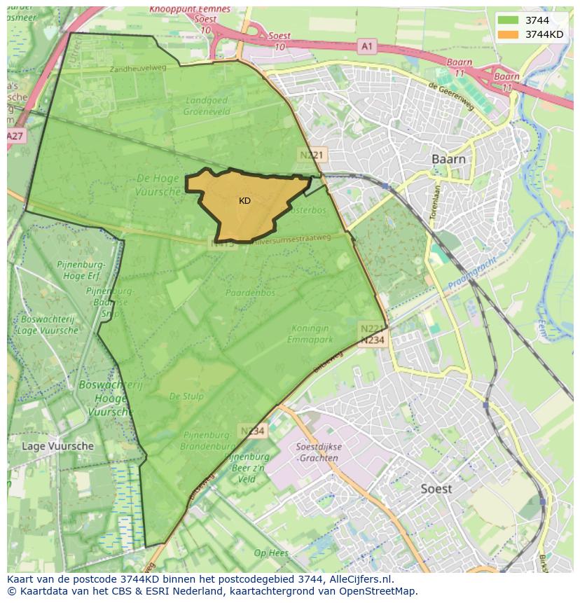 Afbeelding van het postcodegebied 3744 KD op de kaart.