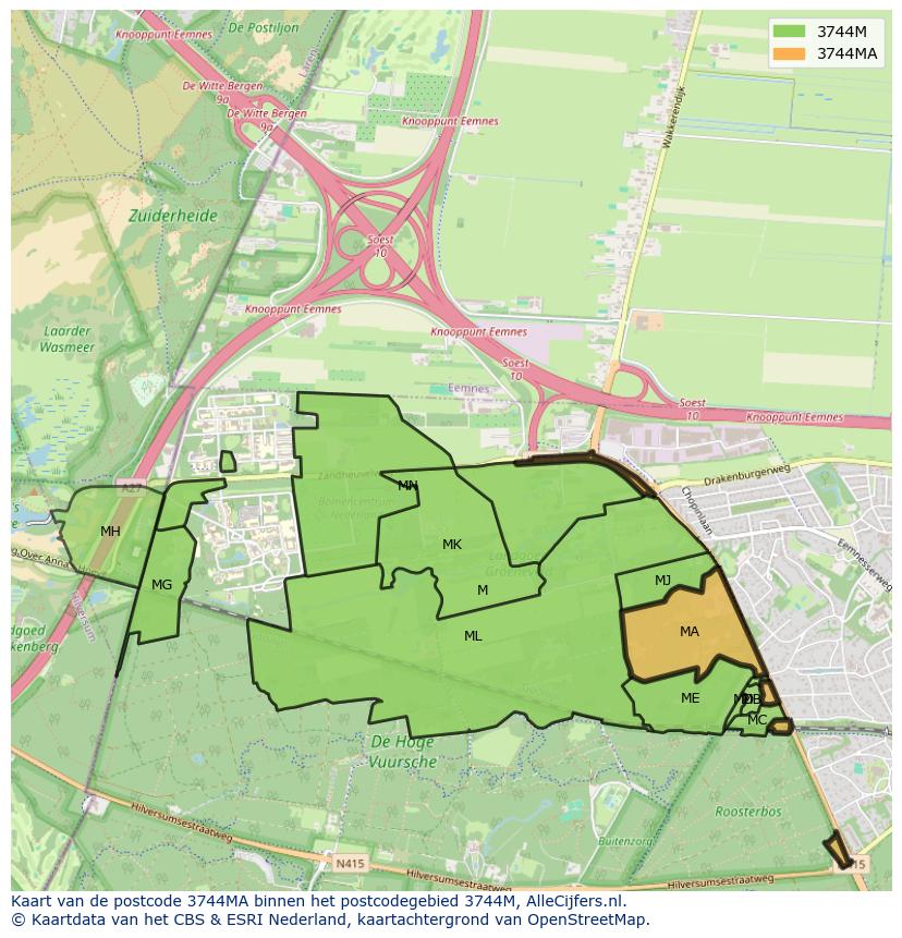 Afbeelding van het postcodegebied 3744 MA op de kaart.