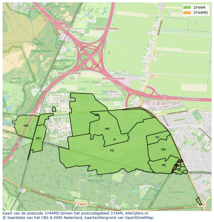 Afbeelding van het postcodegebied 3744 MD op de kaart.