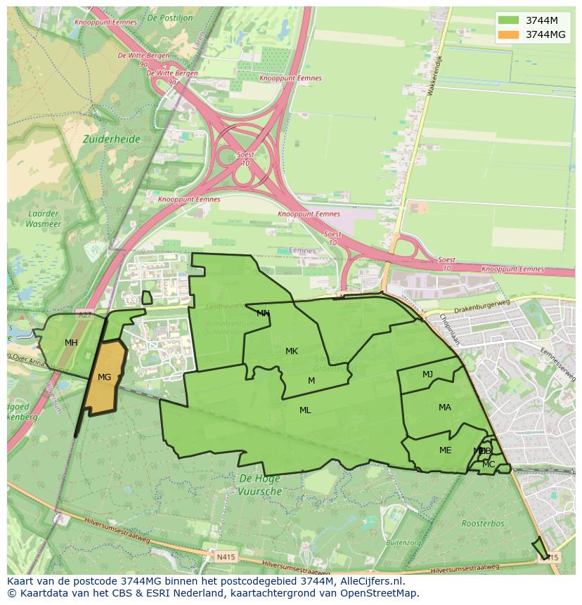Afbeelding van het postcodegebied 3744 MG op de kaart.