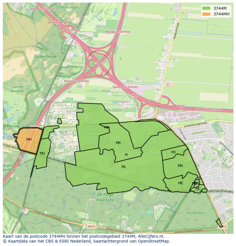 Afbeelding van het postcodegebied 3744 MH op de kaart.