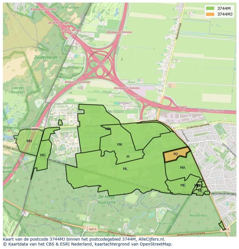 Afbeelding van het postcodegebied 3744 MJ op de kaart.