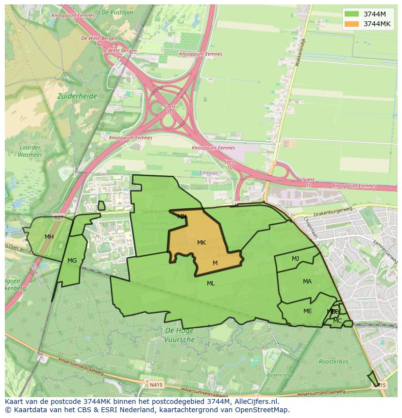 Afbeelding van het postcodegebied 3744 MK op de kaart.