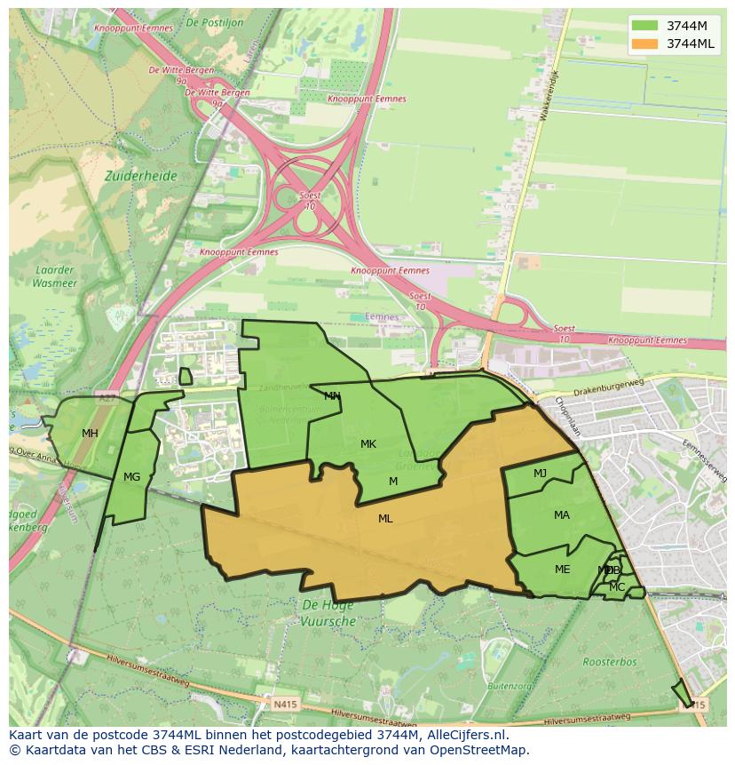 Afbeelding van het postcodegebied 3744 ML op de kaart.