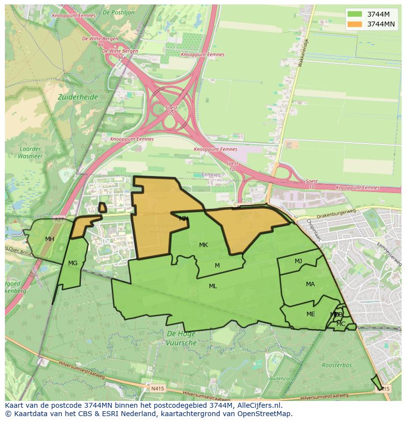 Afbeelding van het postcodegebied 3744 MN op de kaart.
