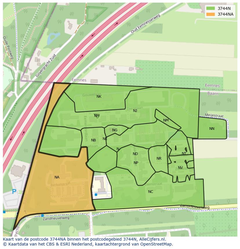 Afbeelding van het postcodegebied 3744 NA op de kaart.