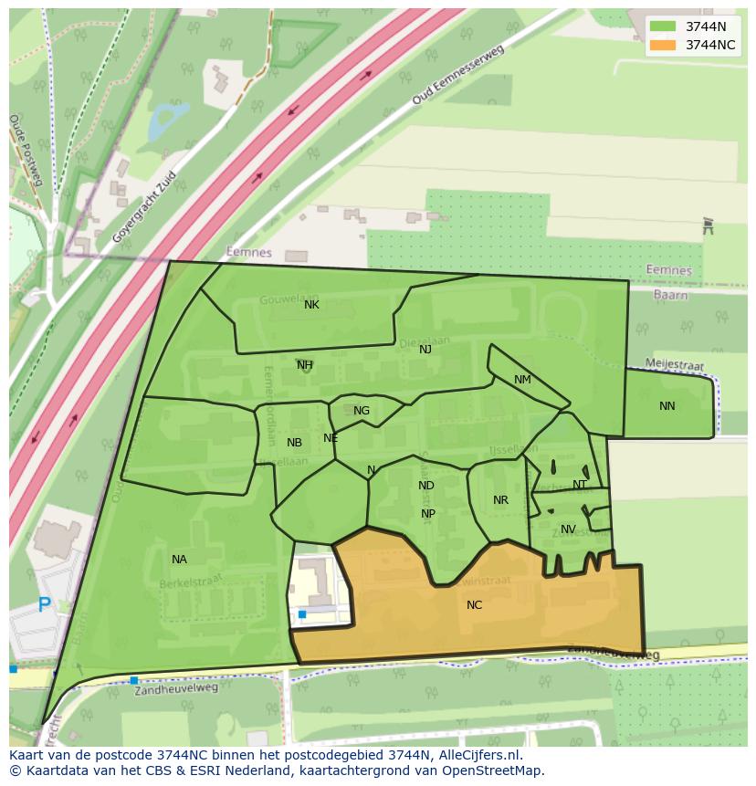 Afbeelding van het postcodegebied 3744 NC op de kaart.