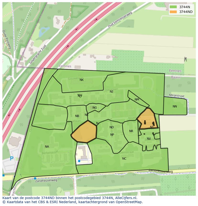 Afbeelding van het postcodegebied 3744 ND op de kaart.
