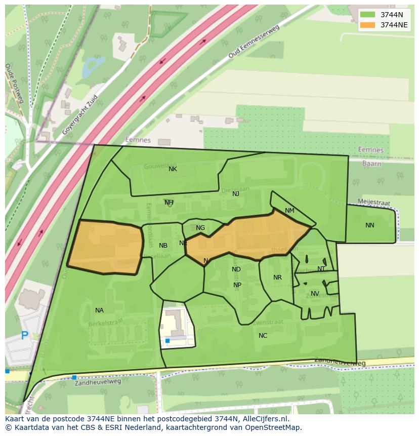 Afbeelding van het postcodegebied 3744 NE op de kaart.