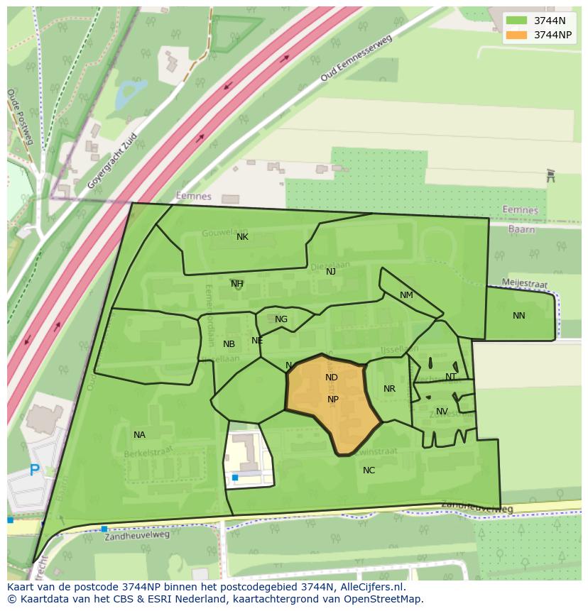 Afbeelding van het postcodegebied 3744 NP op de kaart.